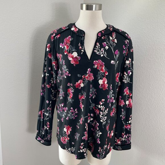J Jill Womens Medium FloralTunic Top Long Sleeve Black Red Shirt V Neck - Picture 1 of 10